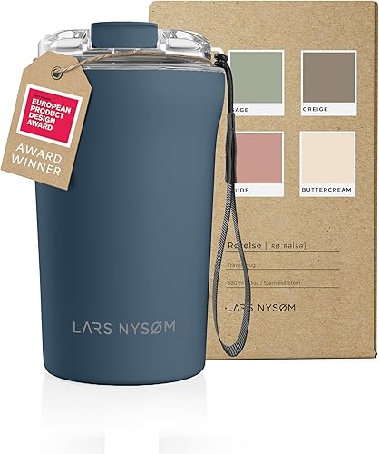 LARS NYSØM Thermo Taza de café con correa de 13 onzas, taza de viaje sin BPA de 0.38 litros con aislamiento, taza térmica de acero inoxidable a