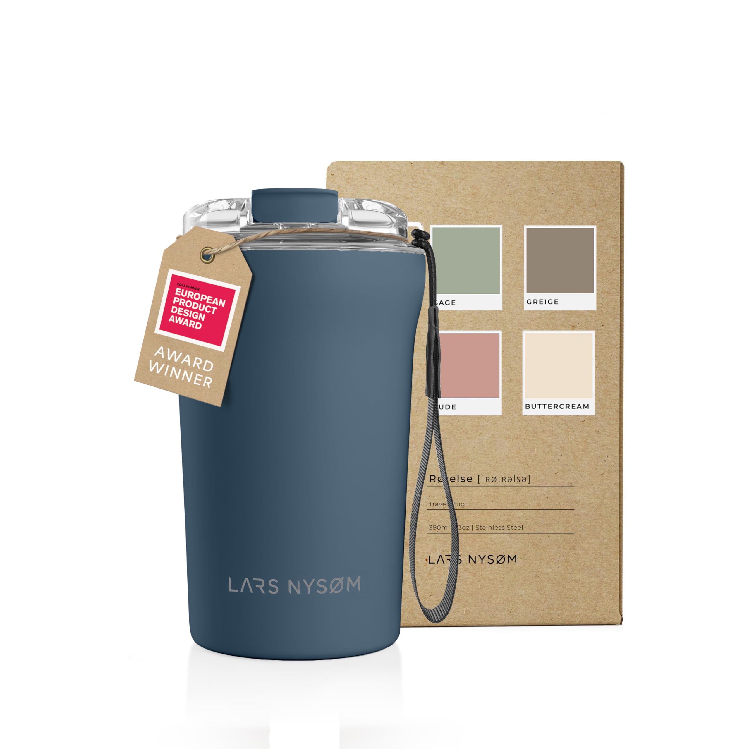 LARS NYSdiameter M Thermo Coffee Mug-to-go with Strap 13oz, Stone Blue, 380 ml