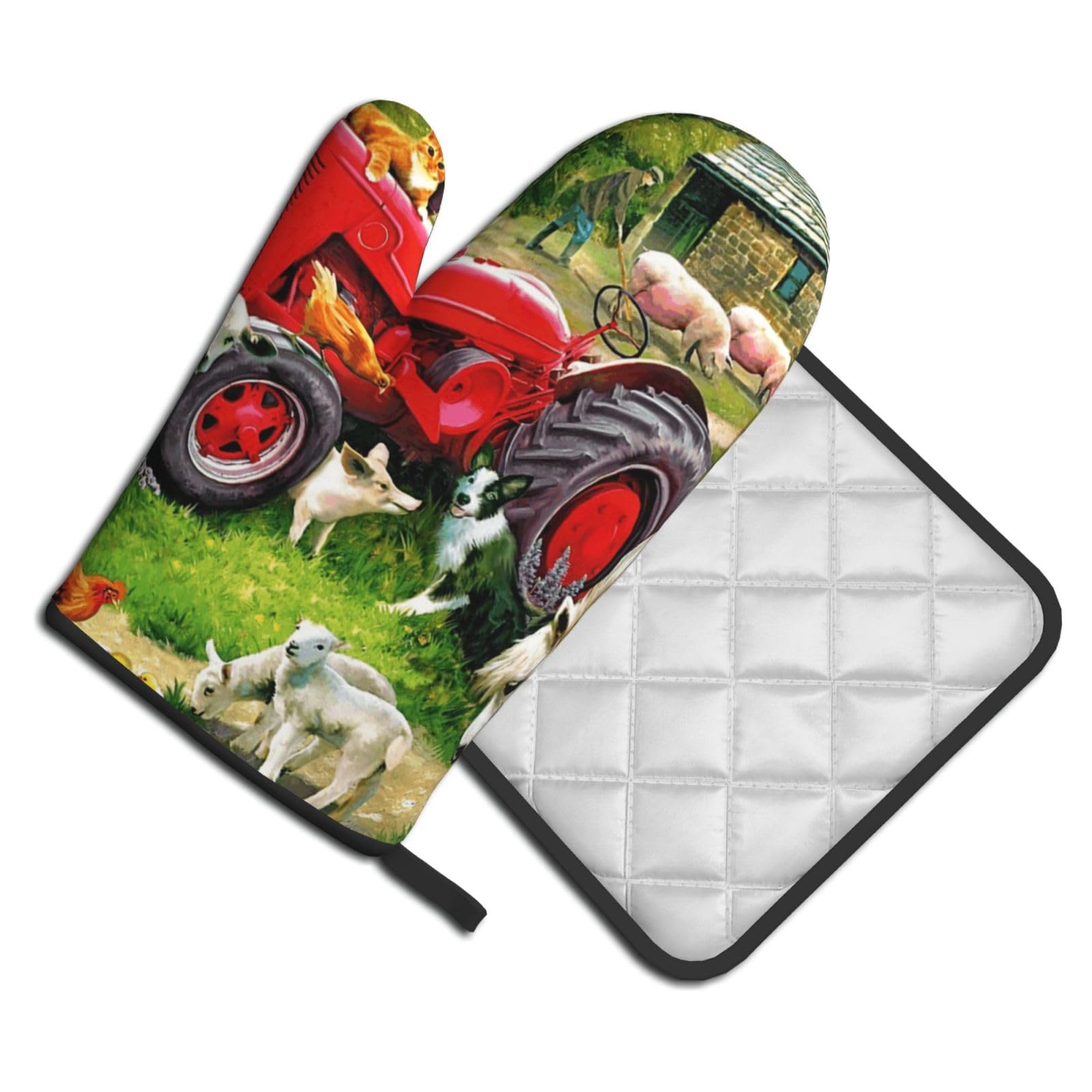 Oven Mitts and Pot Holders Set of 2 Pcs, Tractor on the Farm Printed Heat Resistant Kitchen Gloves Potholders for Cooking Baking Grilling