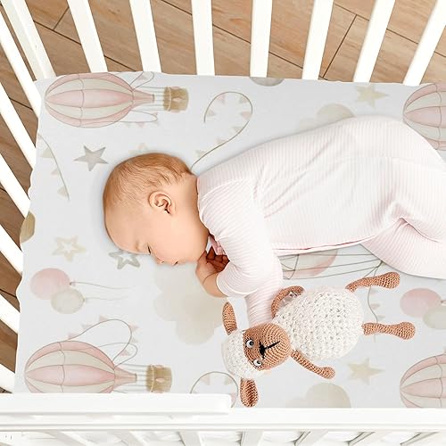 Miniatura 8 de Kigai Sábana bajera ajustable de punto de jersey para cuna de globos, nubes y globos aerostáticos, acogedora, suave, transpirable, para cuna, tamaño
