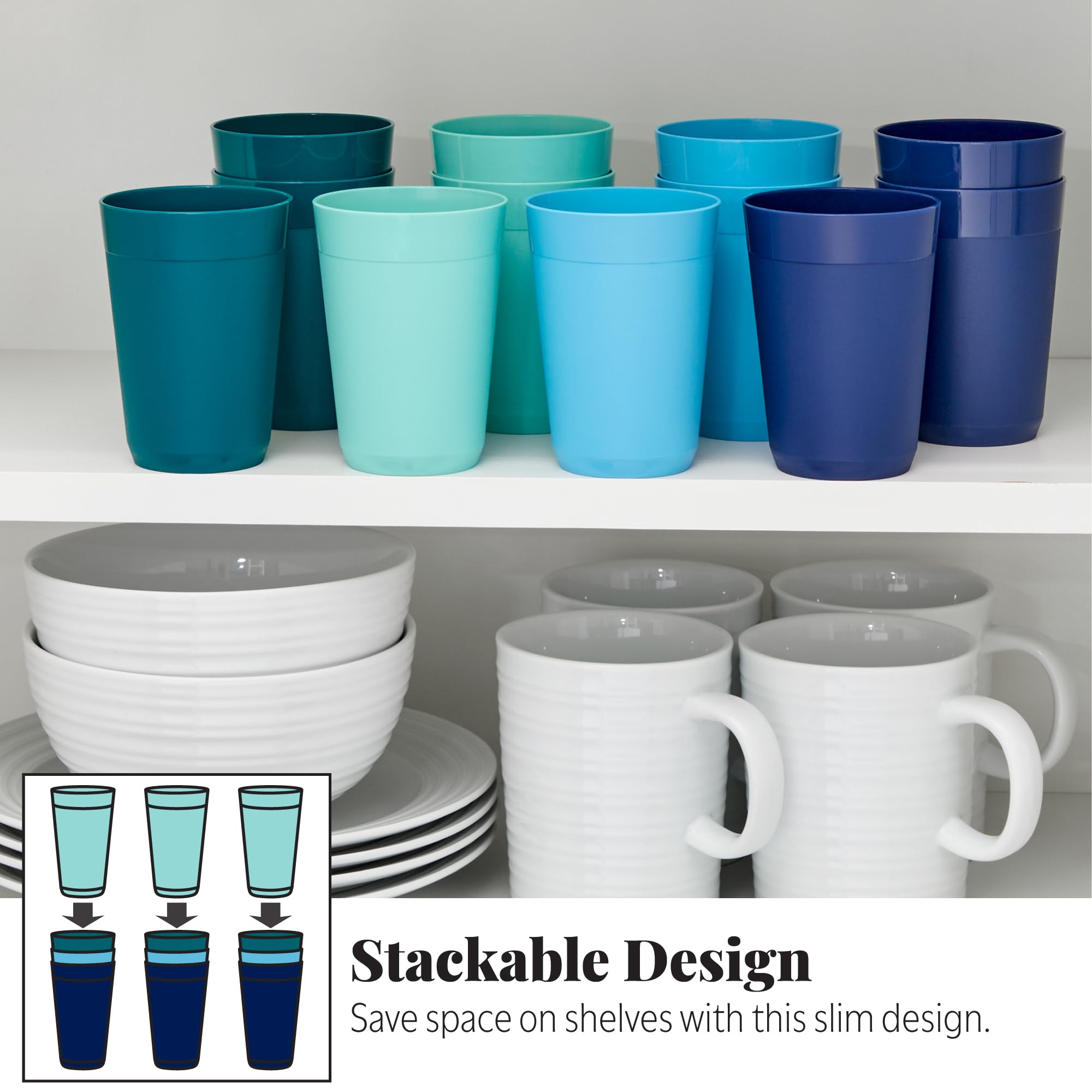 US Acrylic Newport - Vasos apilables de plástico irrompible de 10 onzas en colores costeros, juego de 12 vasos para beber, reutilizables, sin BPA, fabricados en los Estados Unidos, aptos para