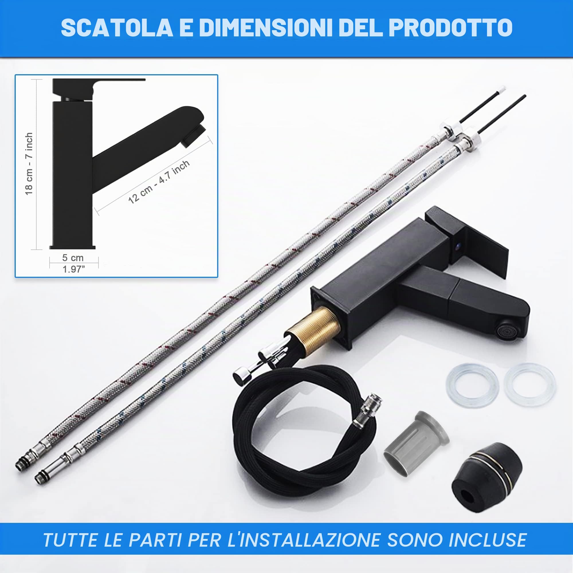Rubinetto bagno nero con doccetta estraibile acciaio inossidabile acqua calda e fredda con 2 tubi inclusi miscelatore lavabo