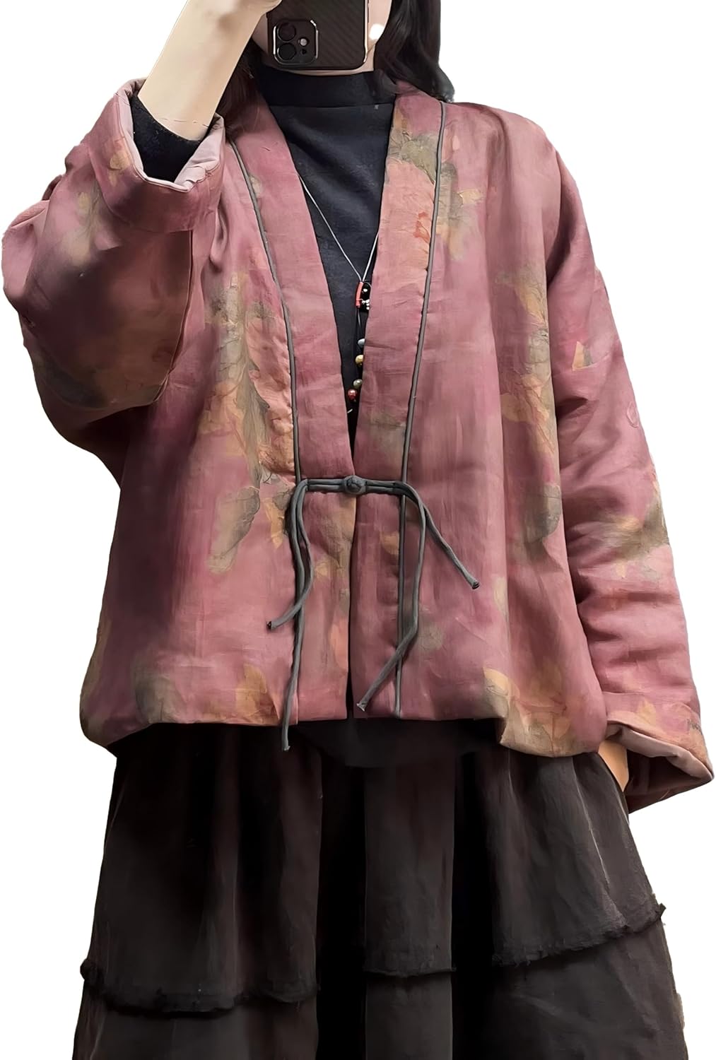 Women's Short Quilted Jacket Open Front V-Neck Vintage Print Casual Lightweight Outwear for Spring and Fall