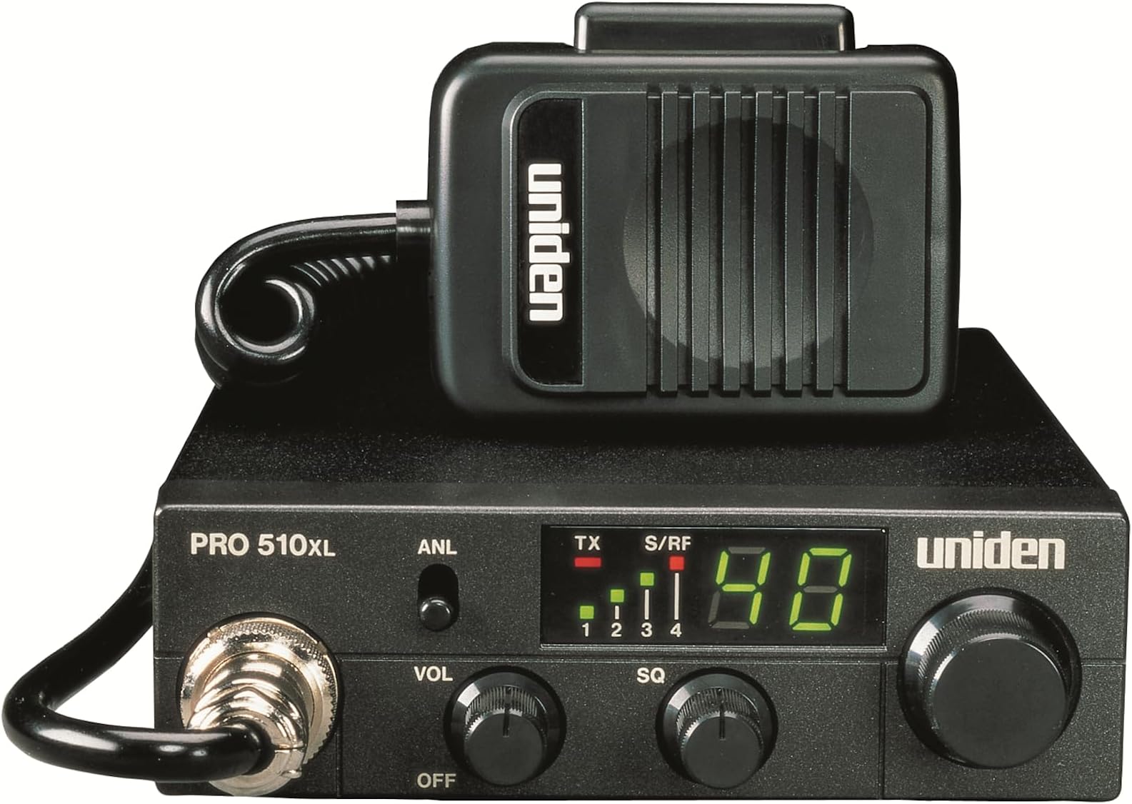PRO510XL Pro Series 40-Channel CB Radio. Compact Design. Backlit LCD Display. Public Address. ANL Switch and 7 Watts of Audio Output. Unique PLL Circuit. S/RF LED Meter. , Black