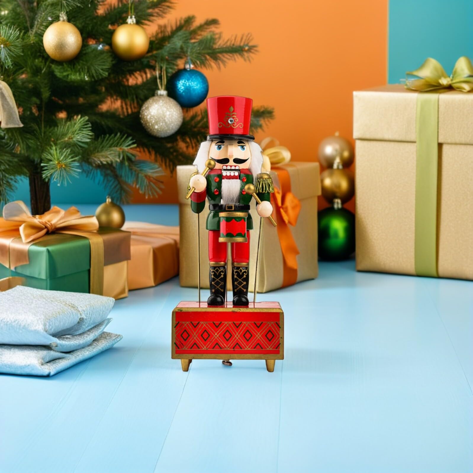 INOOMP 3pezzi Carillon Carica Manuale di Natale in Legno di Ornamenti Soldati dello Schiaccianoci Decorazioni Musicali per Feste Natalizie per Ufficio