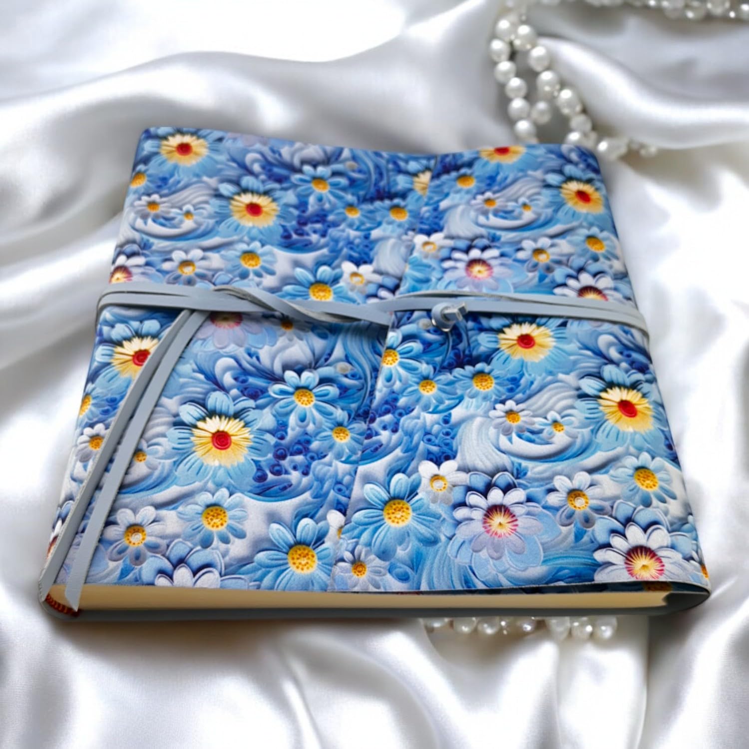 Album fotografico-Double Flower-in tessuto stamp.3D interno in ecopelle LUX personalizzabile,Classico con velina,Matrimonio,Regalo,Wedding,Anniversario (Senza Incisione, Azzurro/Cielo, 23x30)