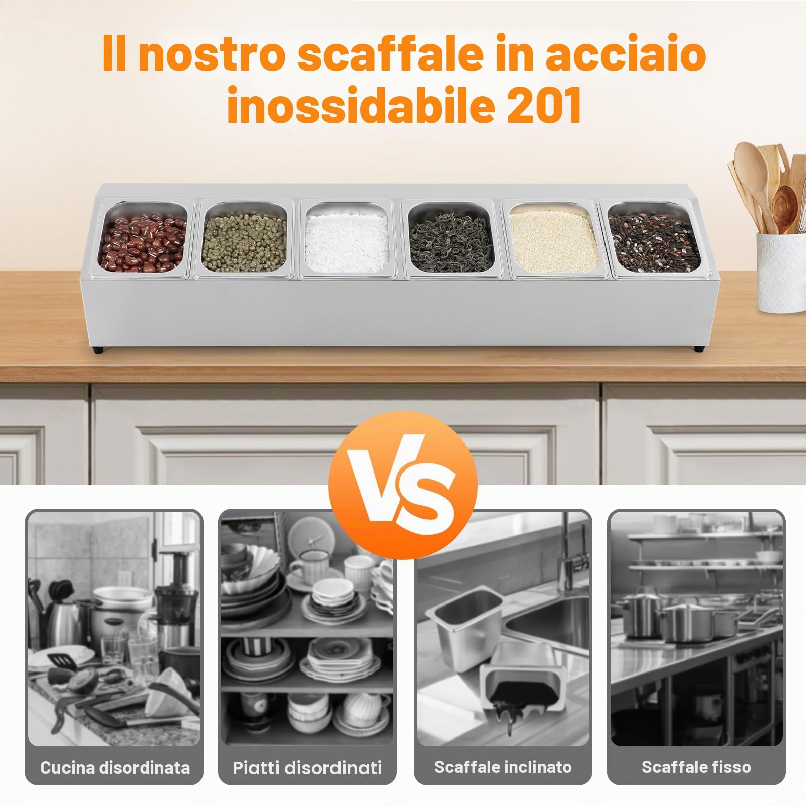 Recipiente in acciaio inossidabile con coperchio, 6 scomparti, set di contenitori Gastronorm per ingredienti di pizza, contenitore per spezie per cucina, ristorante o catering