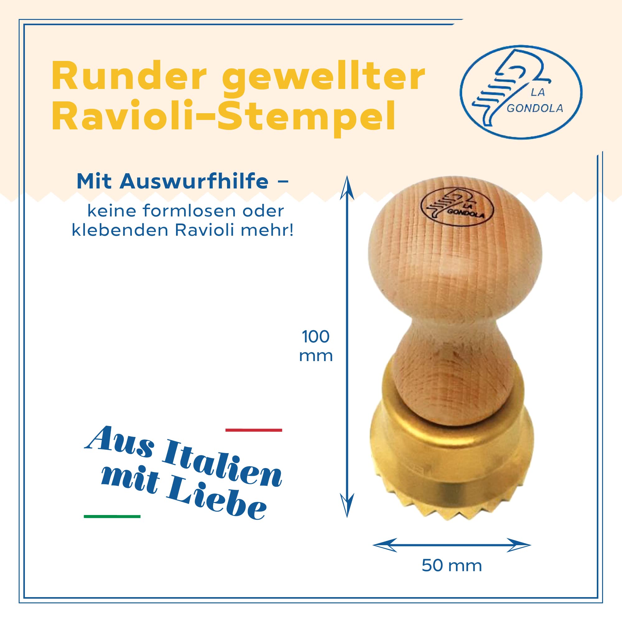La Gondola Ravioli-Stempel Rund Gewellt 50mm Italienisches Pasta-Werkzeug Messing Naturholz Made in Italy