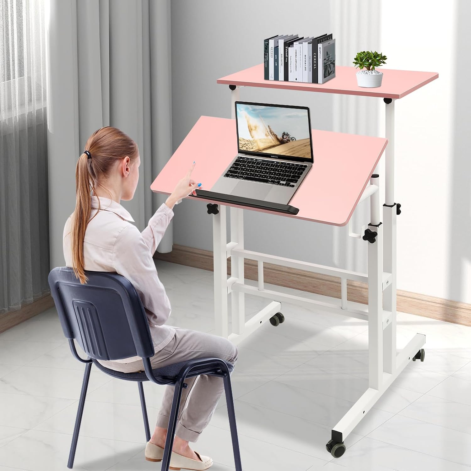 Small Adjustable Standing Desk, Mobile Stand Up Desk, Portable Rolling Desk, Mobile Standing Desk with Wheel USB Socket, Portable Stand Up Desk Computer Rolling Desk for Standing or Sitting (Pink)