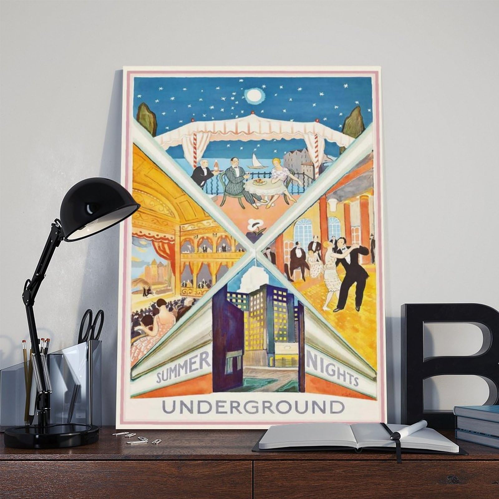 QOGDAF Poster su tela con stampa di Londra Underground Summer Nights, decorazione per camera da letto, ufficio, camera da letto, regalo, 60 x 90 cm
