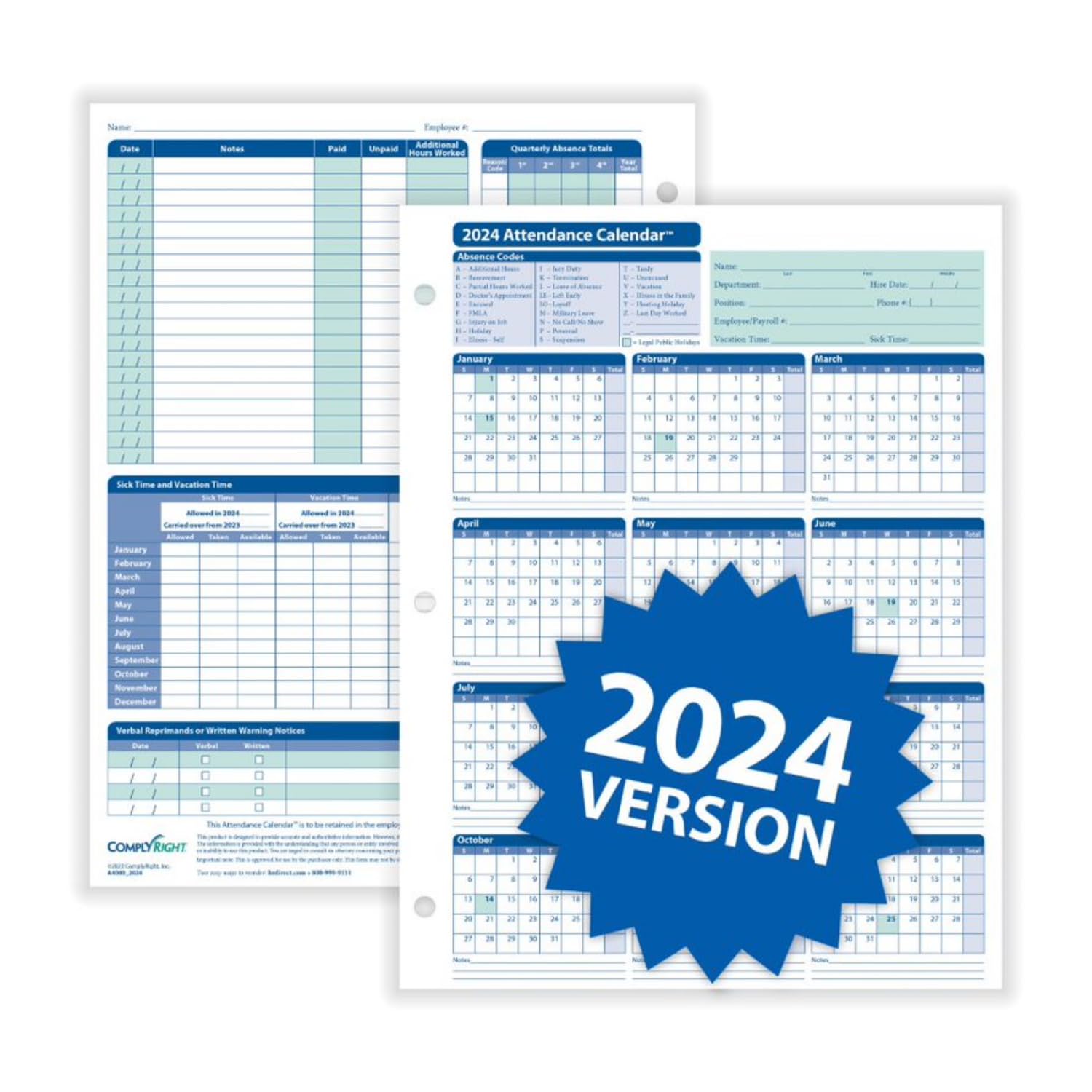Amazon.com: ComplyRight 2024 Attendance Calendar Kit, White, Pack of 25 :  Office Products