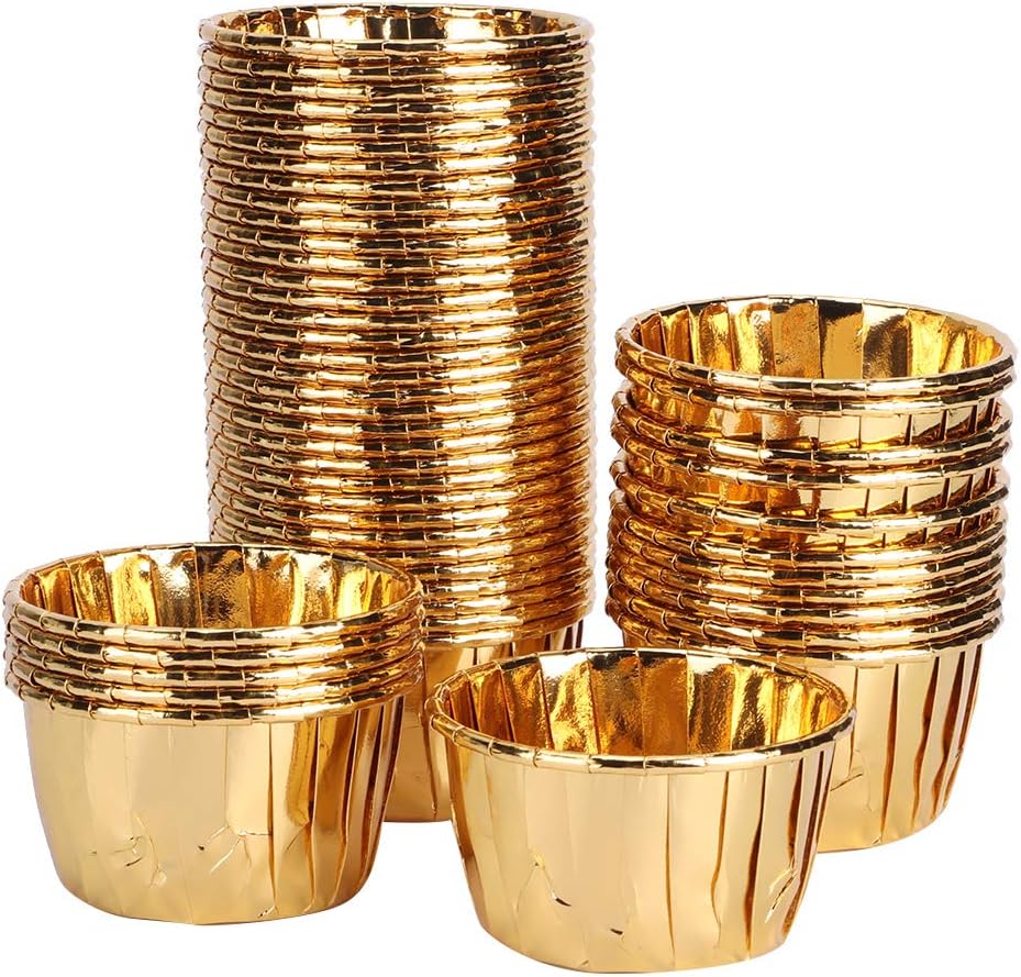 NDNCZDHC 50 Pièces Tasses de Cuisson en Papier d'aluminium Doublures de Cupcake, Doublure de Cupcake en Papier Bouclé Double Face Antiadhésive, Matériel de Cuisson pour Muffins (or)