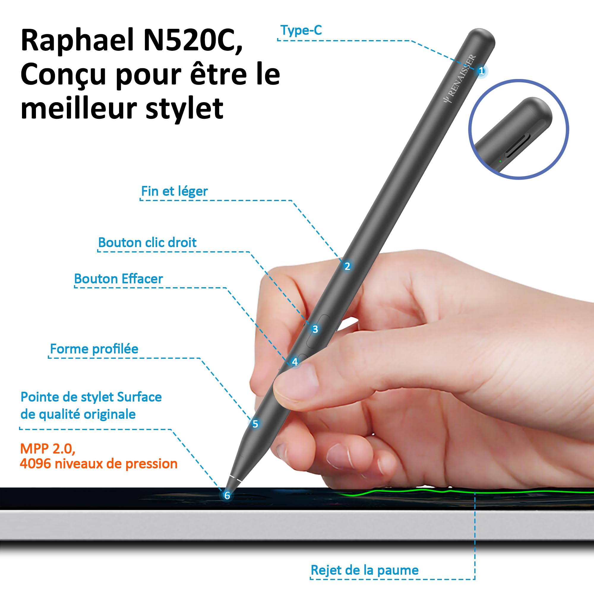 RENAISSER Raphael N520C Stylet pour Microsoft Surface Pro/Go/Book/Studio | MPP 2.0, 4096 pression, sensibilité à l'inclinaison, ultra-léger, palm rejection, recharge via USB-C, non magnétique