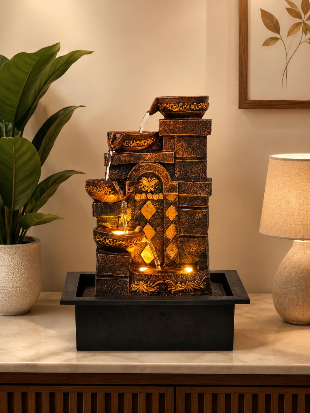 CHRONIKLE Polyresin Designer Table Top Indoor Home Decor 4 Steps Waterfall Fountain with Yellow LED Lights & Water Flow Controller Pump (Size: 40 x 29.5 x 22CM | Weight: 2185grm | Color: Golden Brown)-image-10