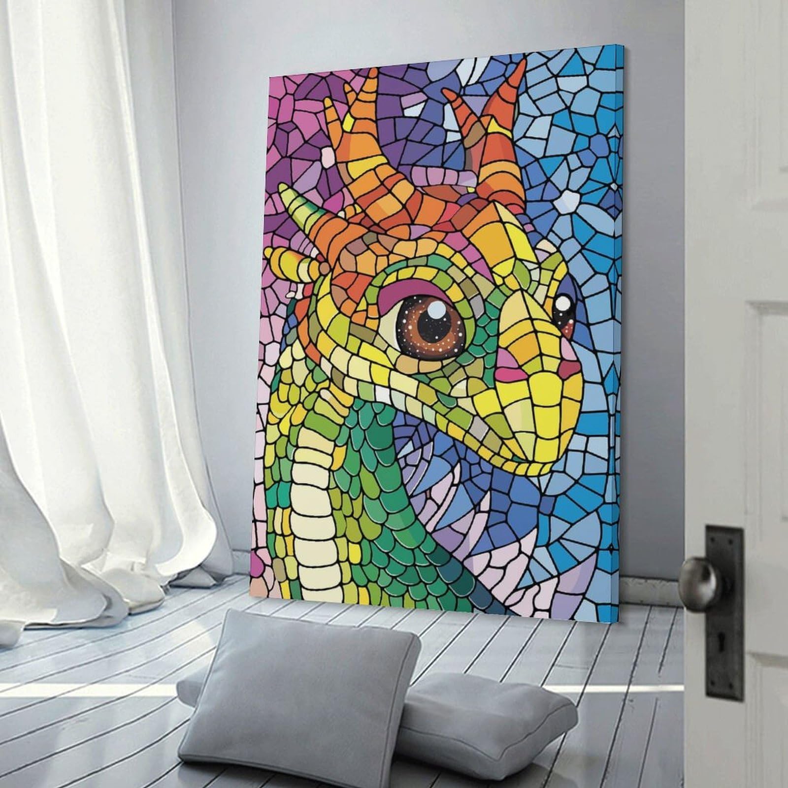Junmoney Frame-Style-8-1 Wall Art Print Colorful Dragon Mosaic Portrait, 20X30inch(50X75cm), For Contemporary Homes, Apartments Or Offices, An Easy Choice For New Home Styling