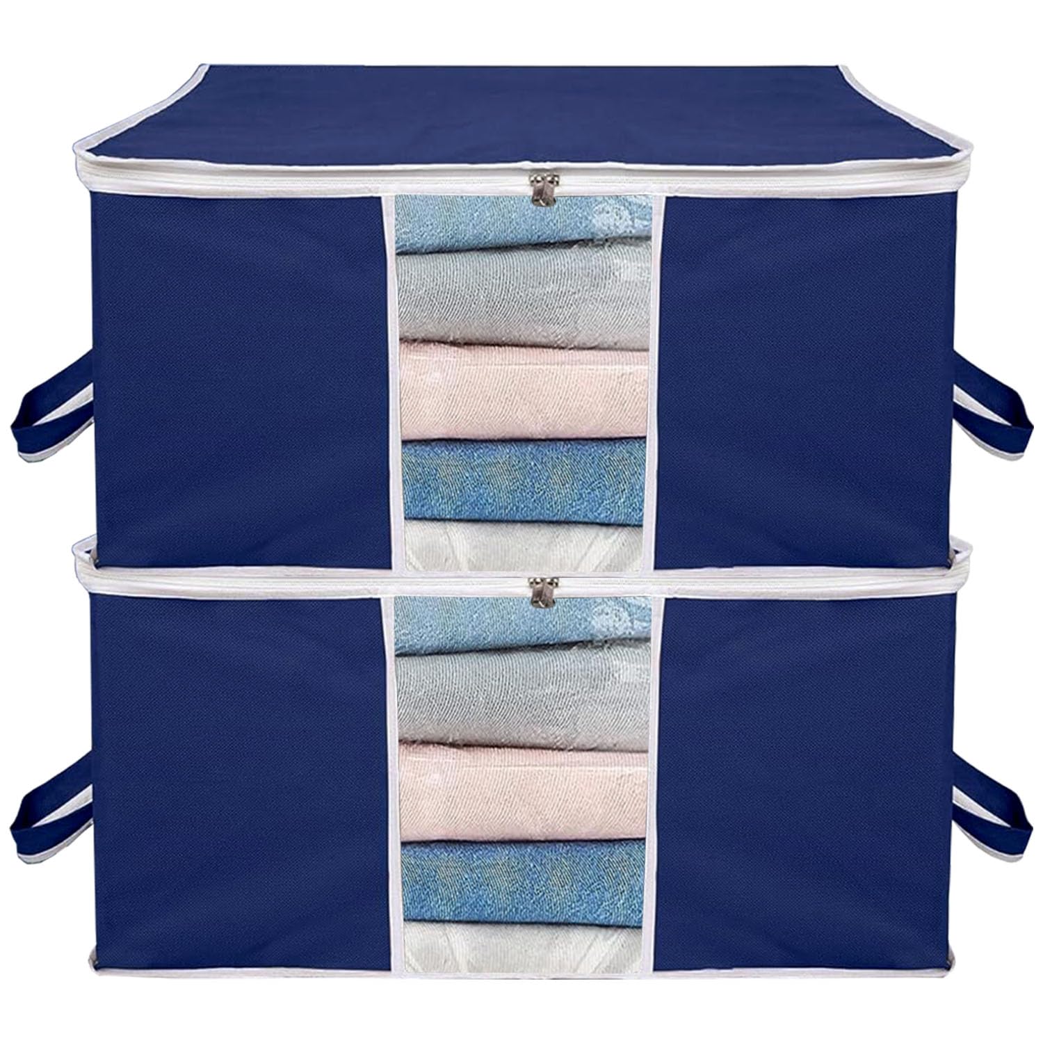 Blanket Cover Storage Bag | Clothes Storage Organizer With Zipper | Transparent Window & Handle | Duvet Cover | Underbed Storage Bag | Ideal for Comforters and Quilts Blue Pack of 2-image-25