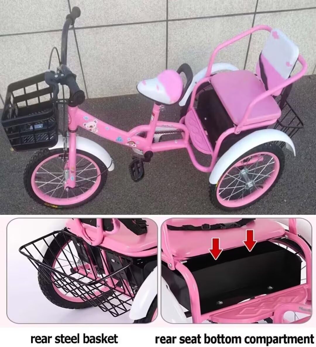 ピンク色の三輪車 前後メッシュカゴ付きブリジストン