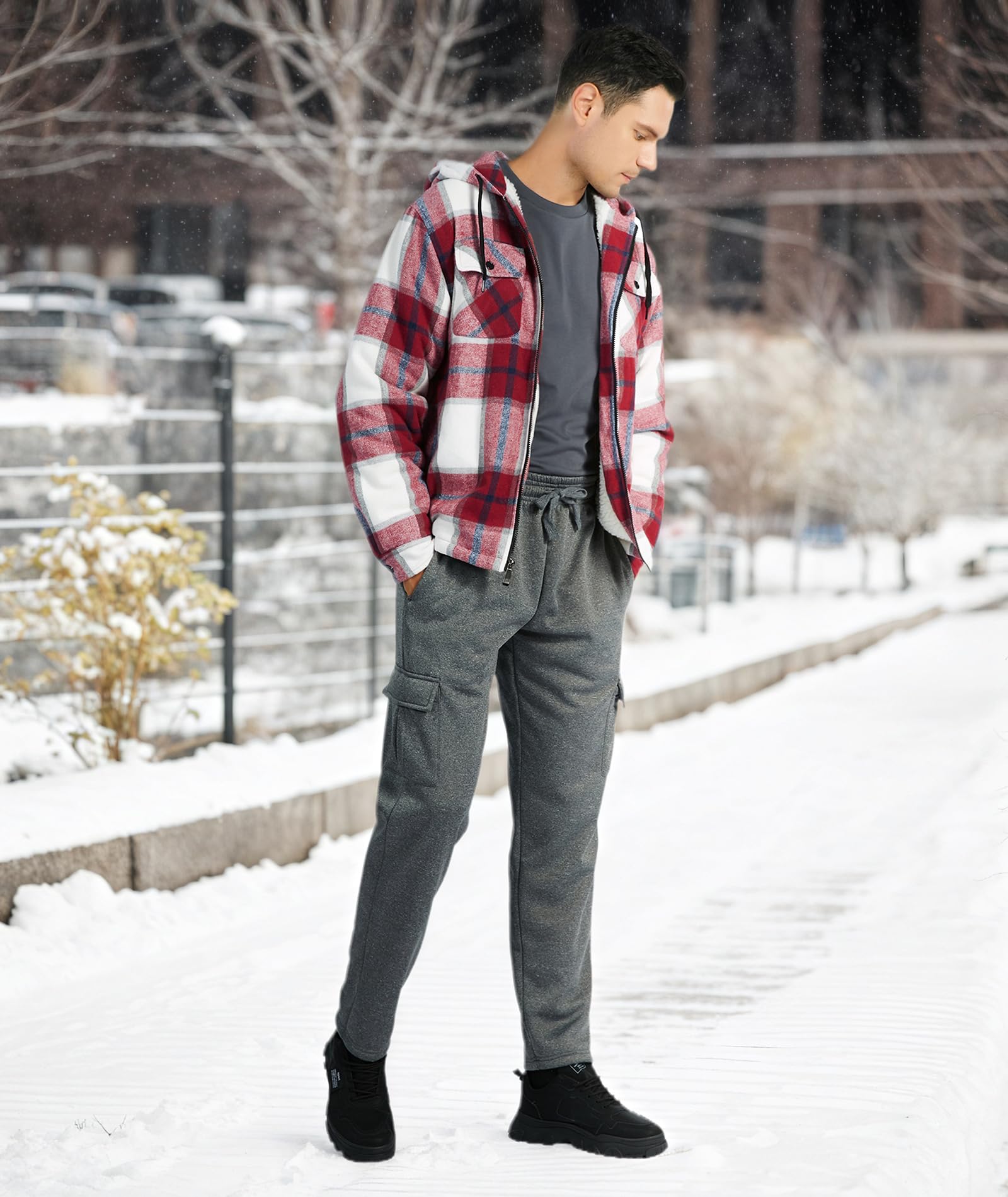 JACKETOWN Veste Polaire Homme Avec Capuche Chemise En Flanelle à Carreaux Veste Mi-Saison Chaude Doublée Manteau Décontracté Avec Poches Idéale Pour L’automne Et L’hiver