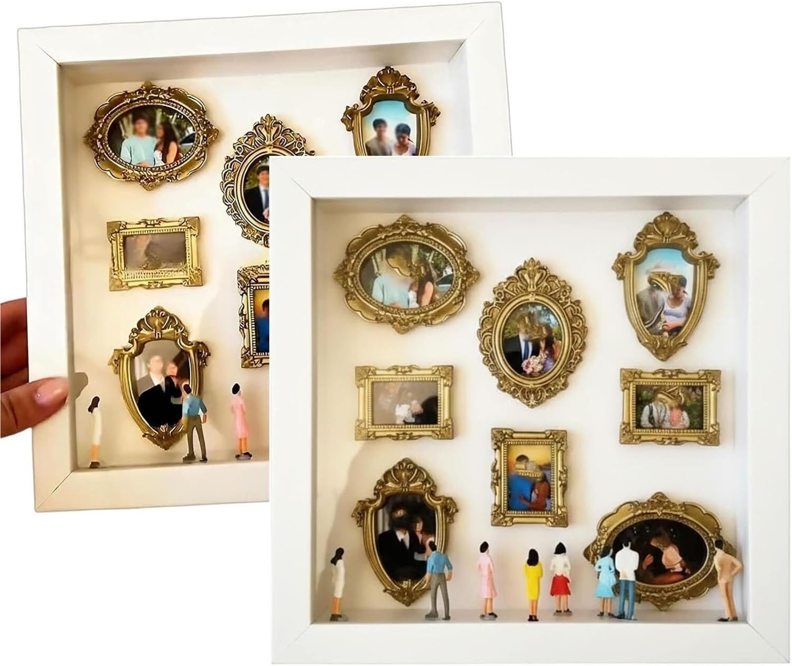 Marcos de museo con figuras de mini personas para decoración de estanterías y salones