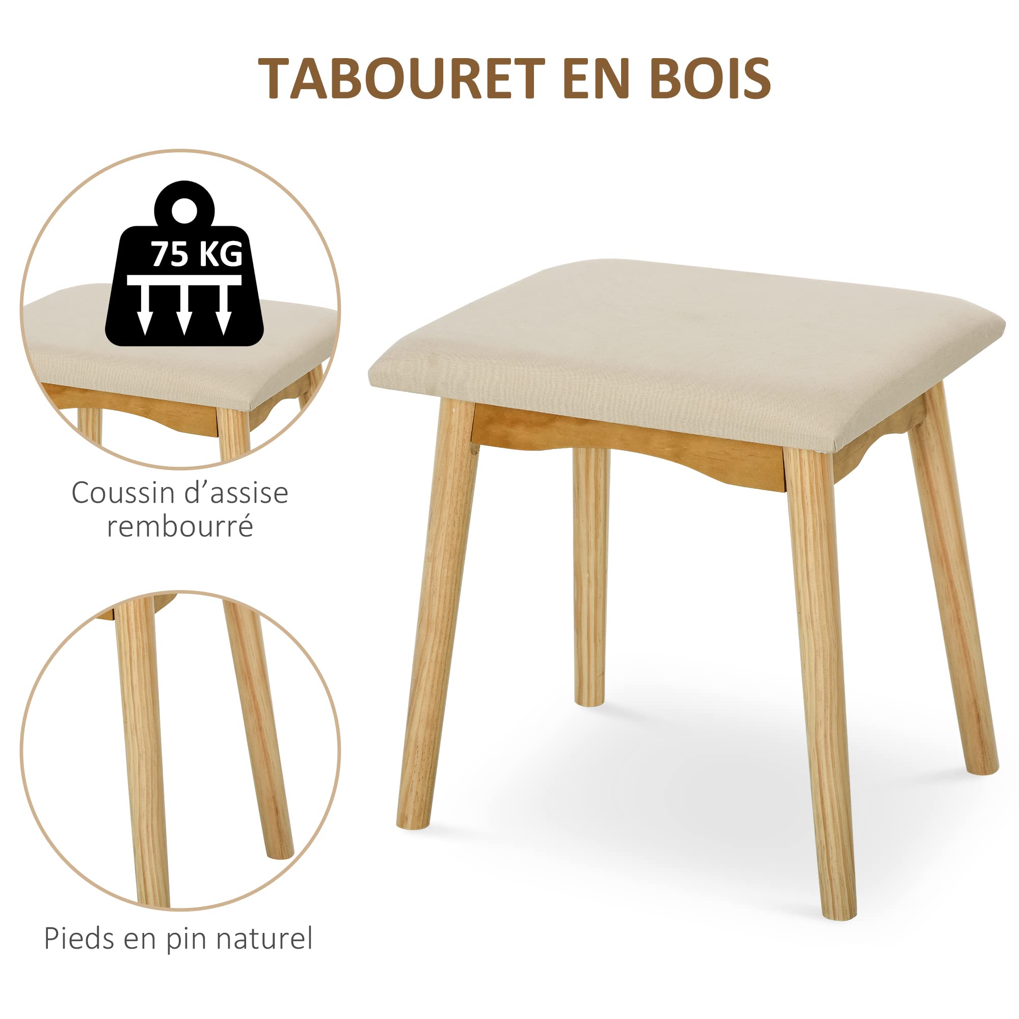 HOMCOM Coiffeuse Design scandinave avec Miroir, 2 Tiroirs Blanc pin Clair | Table de Maquillage, Tabouret
