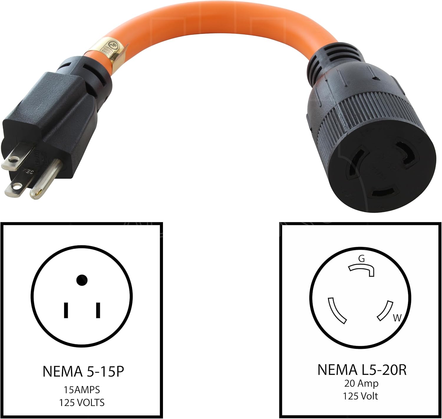 AC WORKS Locking Adapter Household 15Amp 5-15P Plug to Locking 20Amp L5-20R Female Connector (Flexible)