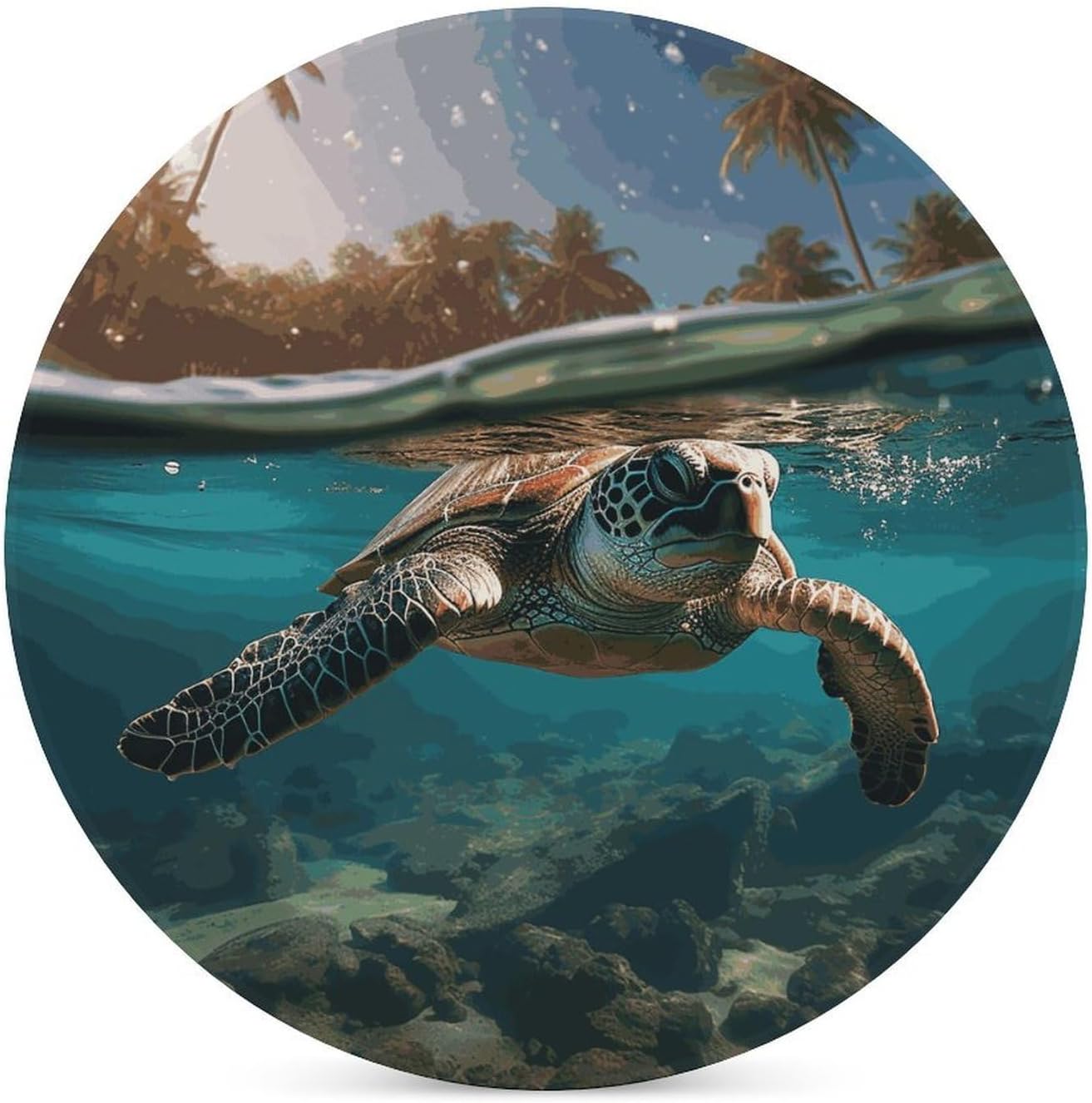 Palm Trees And Sea Turtles Diving Underwater Coasters Round Coasters Set Ceramic Stone Coaster with Cork Base Coffee Cup Beverage Cup Mat Cute Funny Table Drinks Coaster for Mugs And Cups Office Kitch