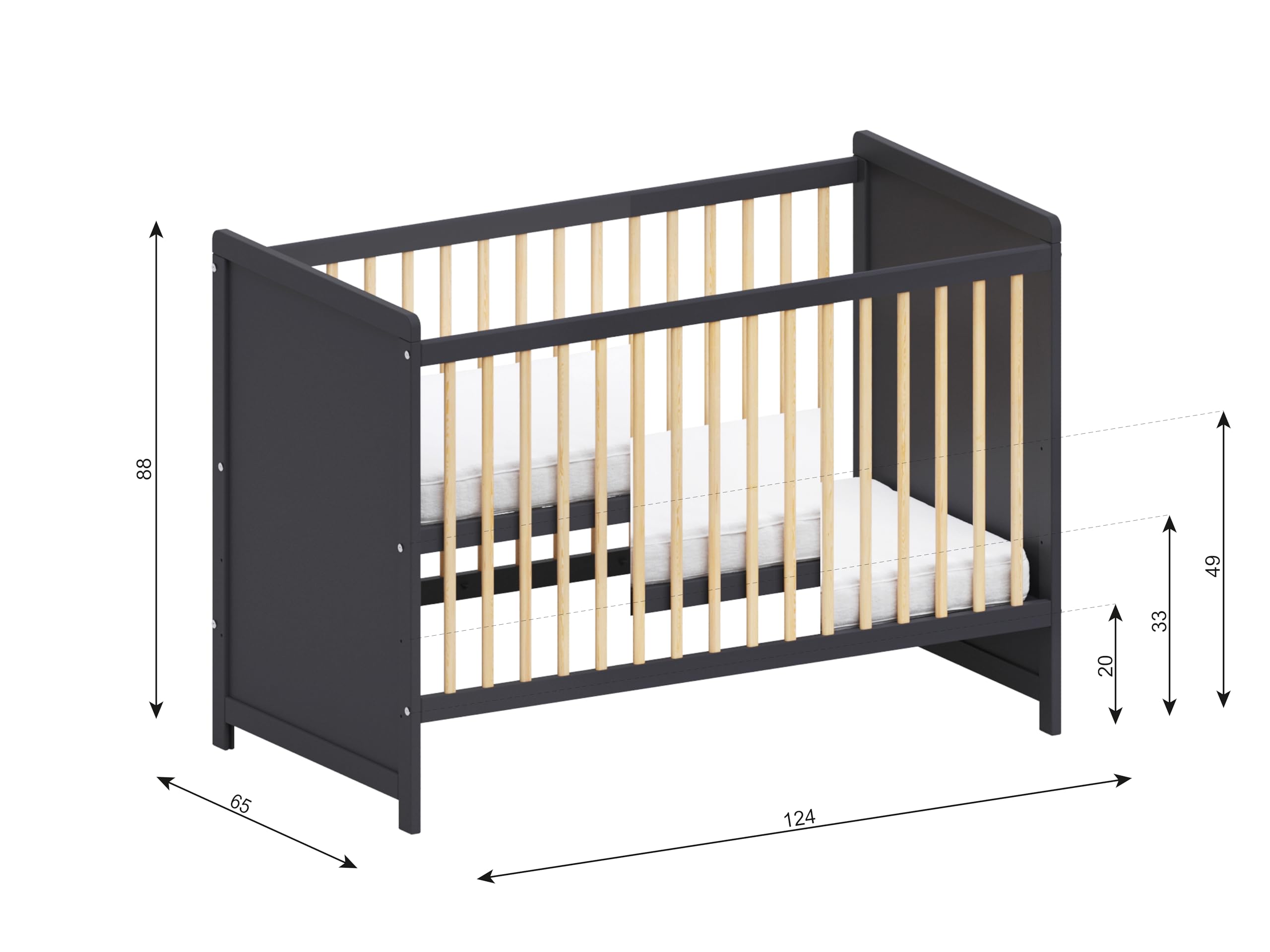 Love For Sleep Tokyo Lit Bébé Évolutif 120x60 cm en Bois de Pin Blanc – Transformable avec Barrière de Sécurité, pour Fille ou Garçon