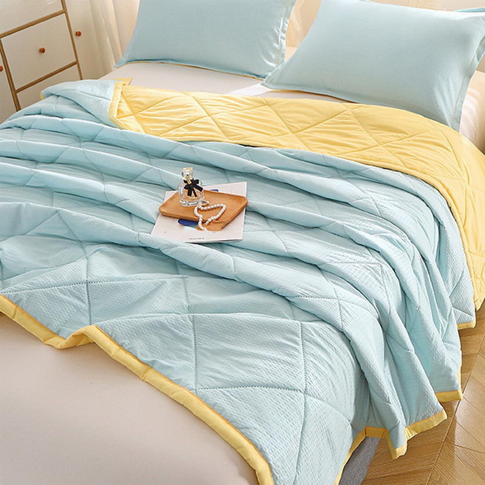 Odot Colcha Bouti Cama 90/150 Verano, Color Sólido Reversible Acolchada Colchas Cubre Cama Individual o Matrimonio Multiusos Ligera y Suave Colcha Cama (150x200cm,Azul Amarillo)