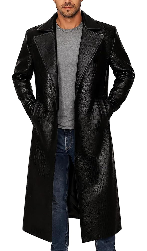 ジャケット・アウター Crocodile trench coat Amazon.com: NM-Fashions Black Crocodile Long Leather Trench