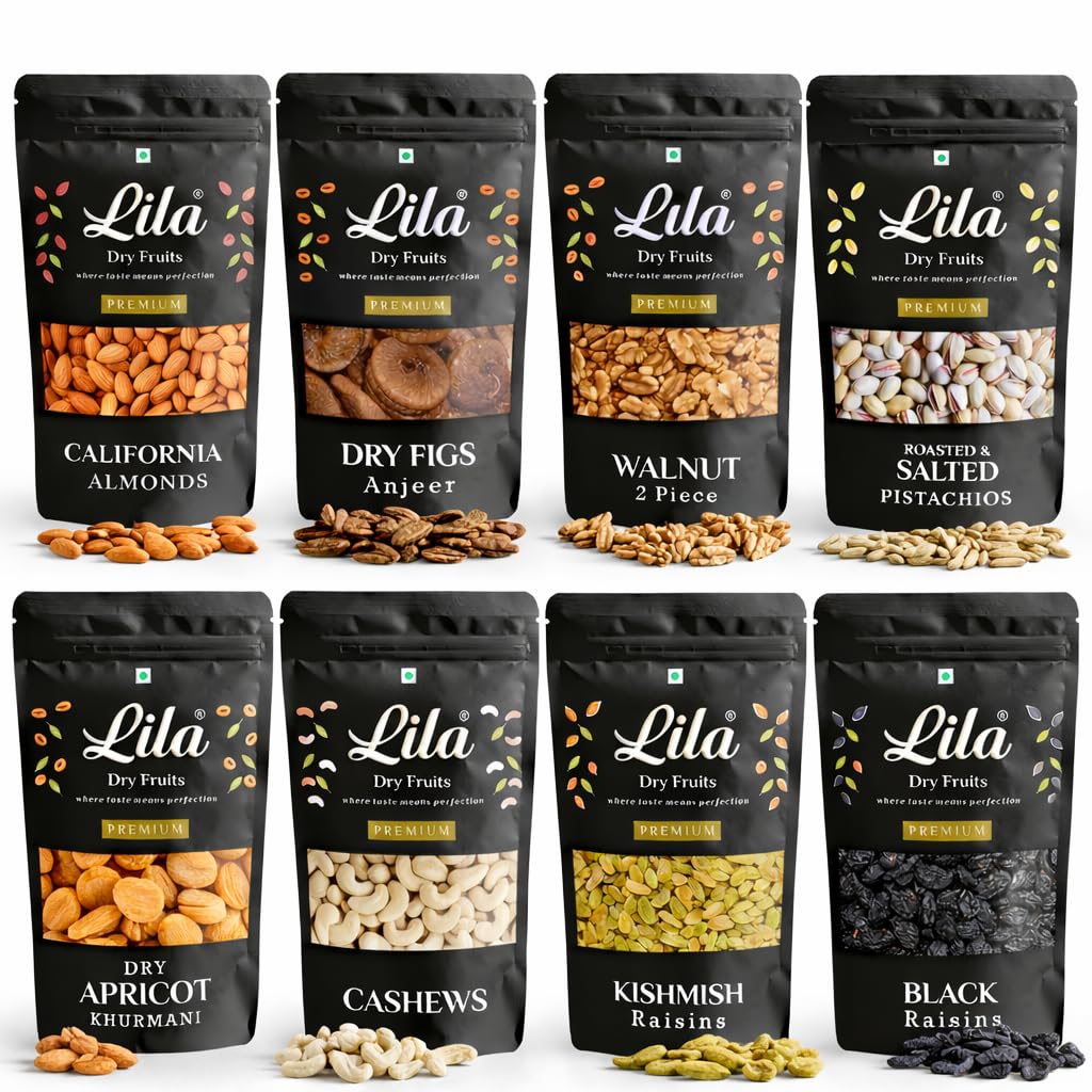 LILA DRY FRUITS Combo Pack 8 in 1 Almonds Cashews Walnuts Anjeer Apricots Golden Black Raisins Salted Pista 100 g x 8 Each | Assorted Premium Dry Fruits Pack for Daily Use Perfect for Gifting-image-5