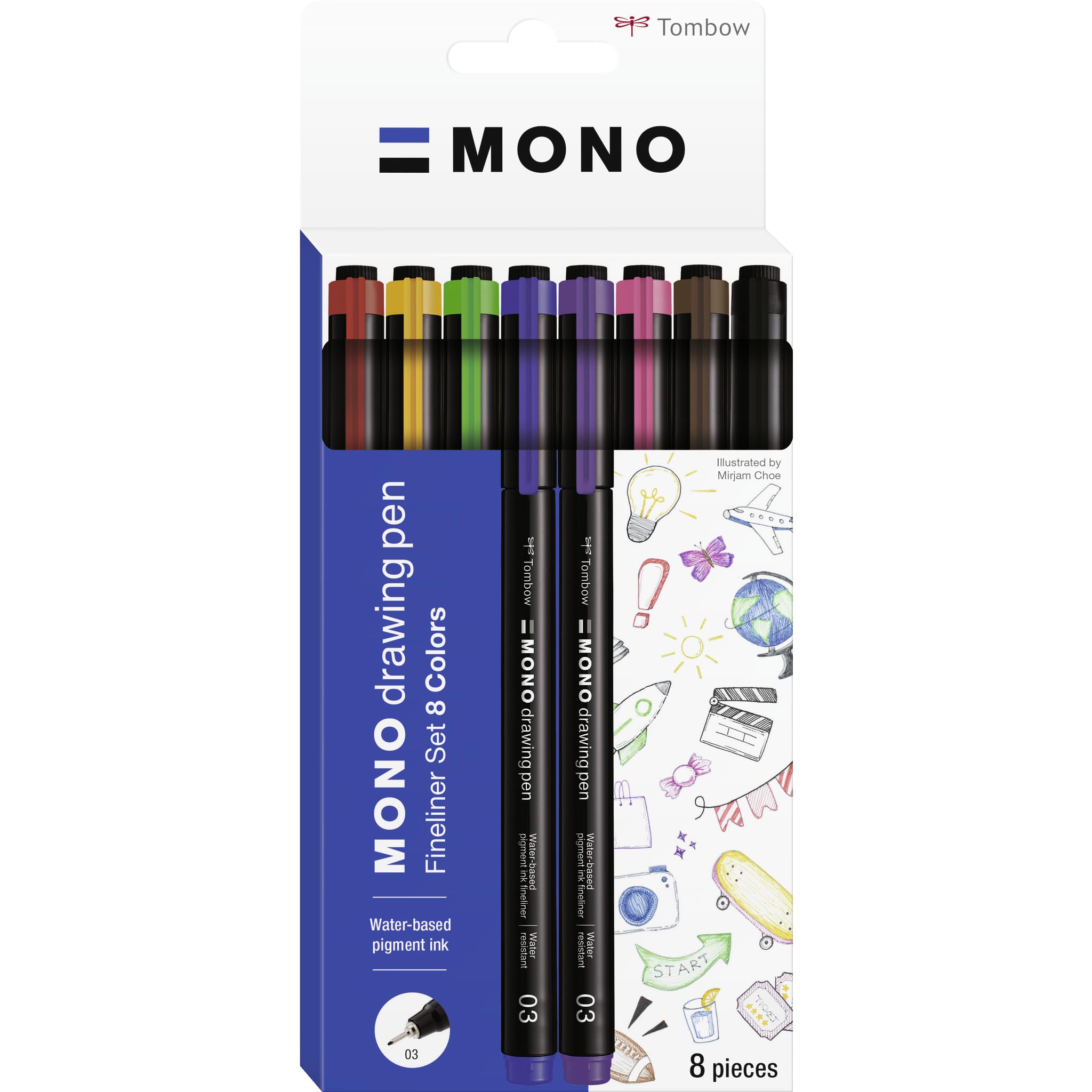 Tombow MONO drawing pen fineliner set of 8, drawing pen, water-resistant pigment ink, 0.3 mm tip, for sketching and technical drawings [WS-EFL-8C]