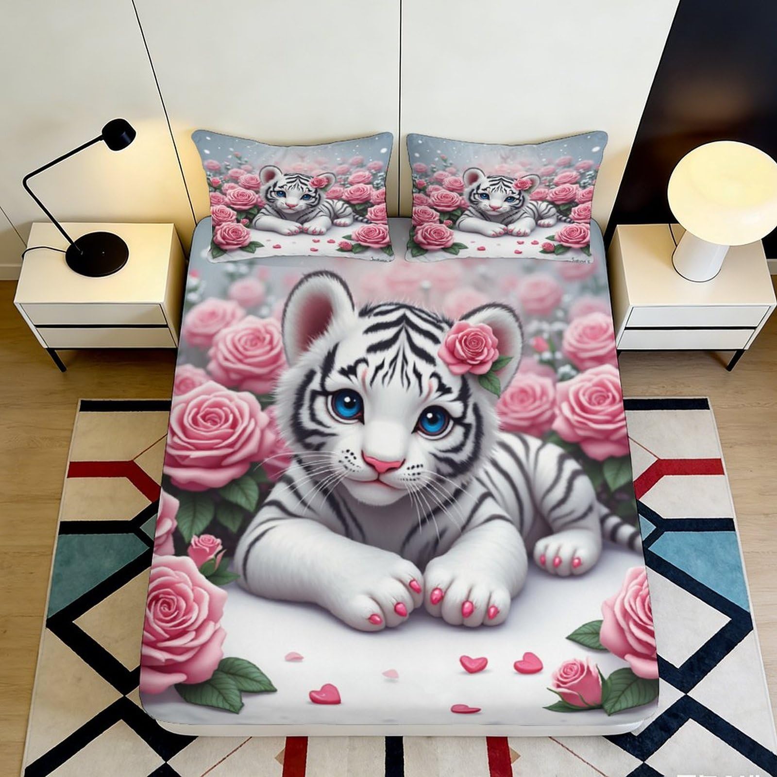 Pnayamiorkfel Style-2 3D Printed White Tiger Rose Fitted Sheet Microfiber Soft Bed Sheet Bedroom Decor Dorm Mattress Cover 90X200x25cm