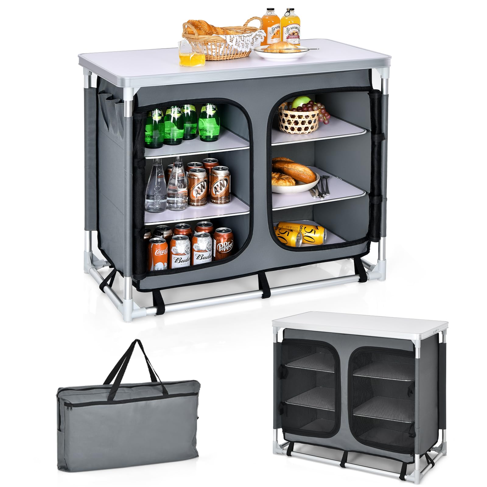 KOMFOTTEU Tavolo Pieghevole da Campeggio in Alluminio a 4 Livelli, Tavolo Picnic Richiudibile con Ante in Rete con Cerniera, Borsa per il Trasporto, Cucina da Esterno, Picnic, Barbecue, Festa