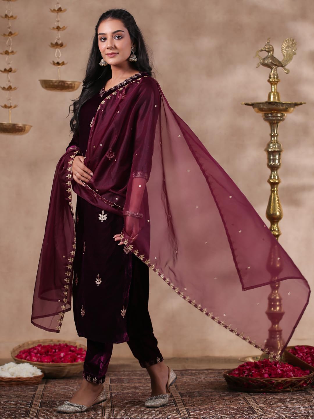 Ishin Women's Velvet Self Design Zari Purple Straight Kurta Suit Set With Trousers & Dupatta