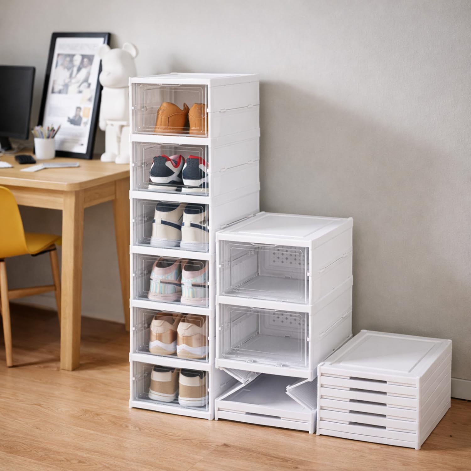 Porta Scarpe Verticale Impilabili Pieghevole Scatole Trasparenti 6 Box Salvaspazio Apertura Frontale Organizzatore PortaScarpe in Plastica Contenitori Traspiranti Scarpiera Sneakers