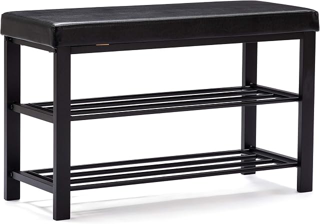 HNNHOME Canopus Shoe Bench, 3-Tier Shoe Rack Shelf Organiser with Padded Cushion Seat, Steel Frame, for Entryway, Hallway Living Room, Industrial Accent Furniture 81x32xH50 cm (Black, Faux Leather)