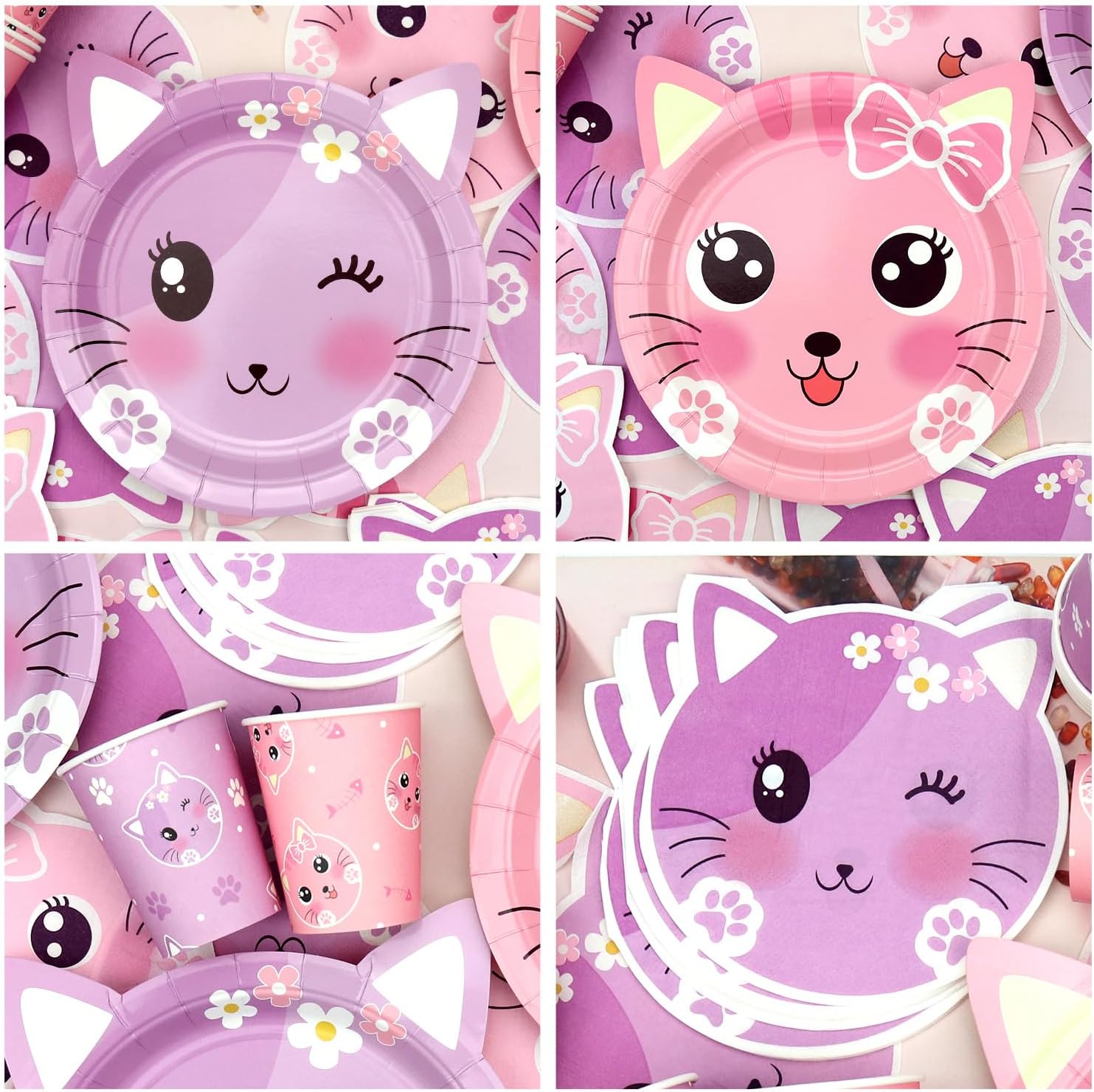 Cat Birthday Party Supplies Set, Kitten Tableware Includes Happy Birthday Banner, Plates, Tablecloth, Cups, Balloon, Spoons and Straws for Kids Cat Party Decorations, Serves 20 Guest (A) - Image 4