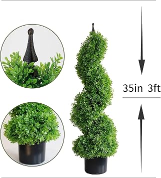 momoplant Artificial Topiaries Outdoor Boxwood Topiary Tree, Faux Spiral Topiary Trees 3ft (2 Pieces) Outdoor Feaux Plant for Green Decorative Indoor/Outdoor/Garden (35inch)