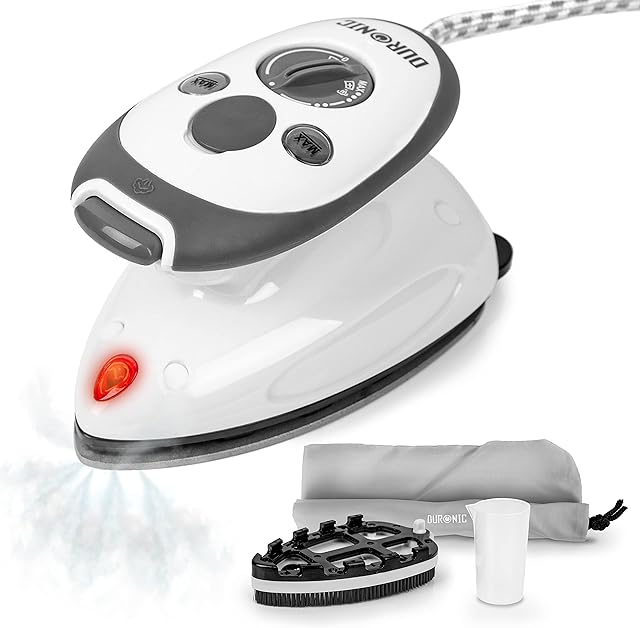 Duronic Mini Steam Iron Si2 Small Compact Travel Steamer | Quilting Iron | 375W | 50ml Capacity | Brush Attachment | Variable Heat Settings | Water Filler Cup | Patchwork Applique Craft