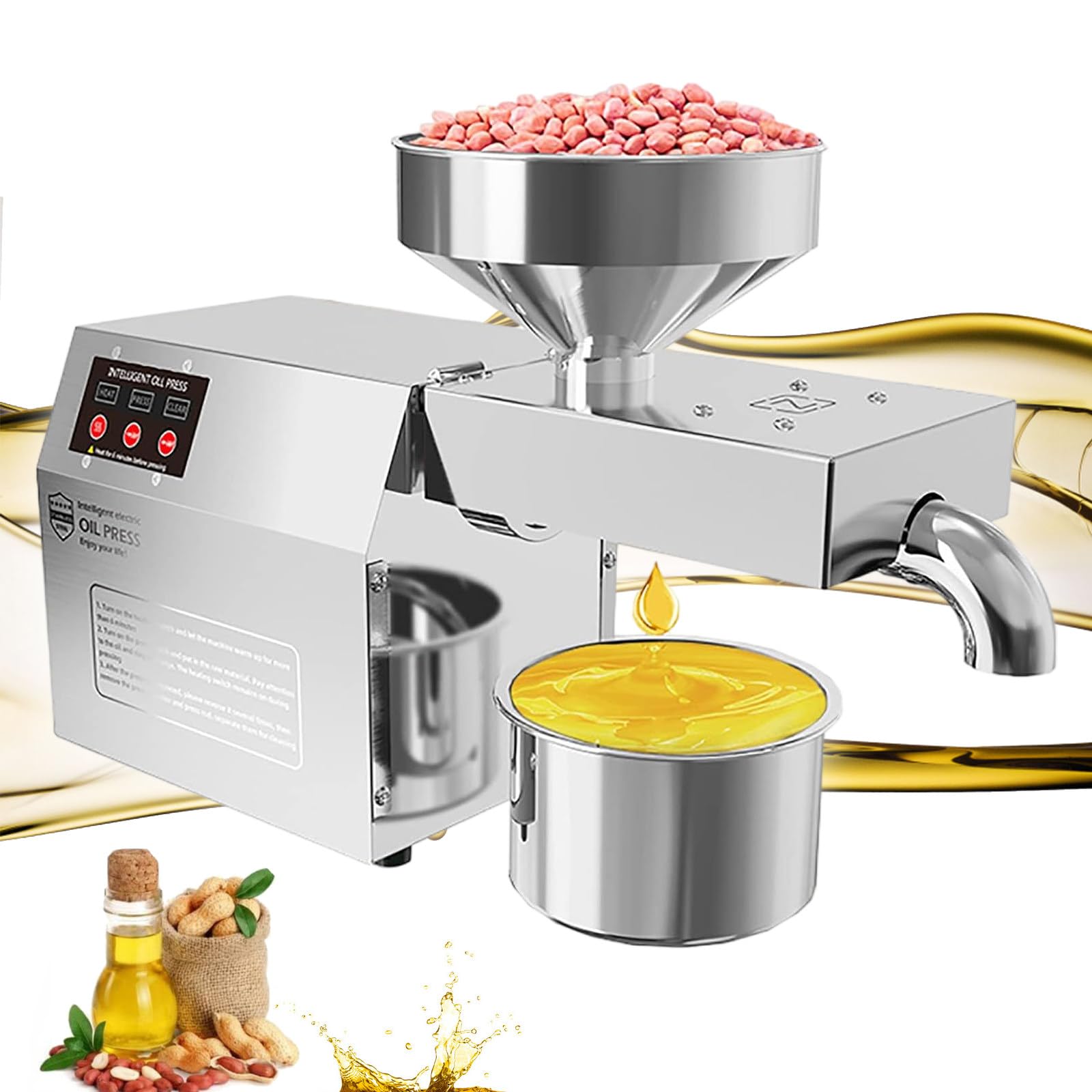 MYUYEE Automatic Oil extractor,Cold Hot Press Food Grade Stainless Steel Oil Extractor,Industrial Oil pressing machine,Peanut Sesame Canola Coconut Sunflower Seeds,110 (110)