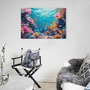 Amazon.co.jp: 絵画 カラフルな海底の魚の群れインテリア 絵画