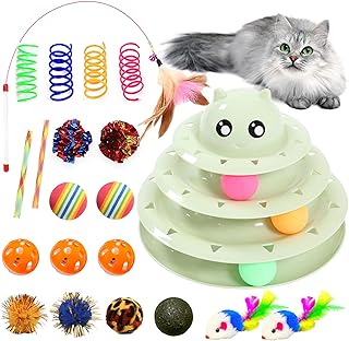 Gefryco 24PCS Interactive Cat Toy Assortment, Variety of Cat Puzzle Toys Including Roller 3-Level Turntable, Cat Wand Toy, Cat Spring Toy, Cat Ball Toy, Cat Kicker Toy, Mice, Indoor Fun Kitten Toy