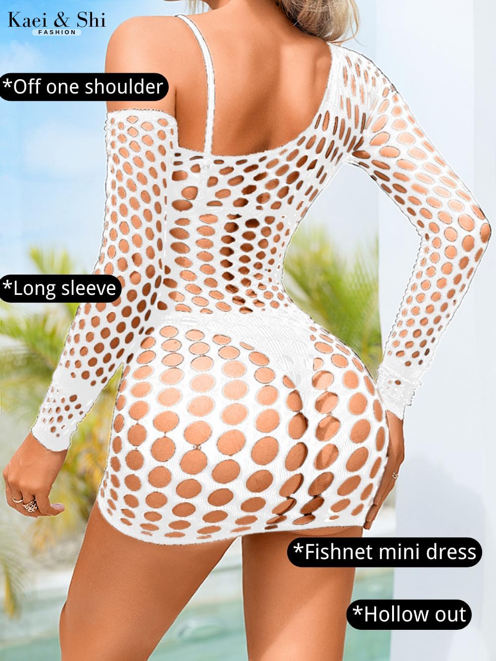 Kaei&Shi Sexy Cover Up, Hollow Out, Fishnet, Off One Shoulder Dress - Image 3