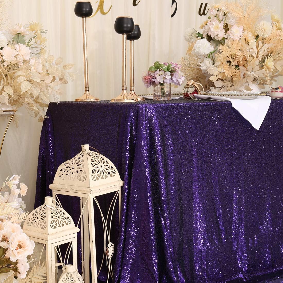 Eternal Beauty Purple Halloween Sequin Tablecloth 90 x 132-Inch Sparkly Overlay Rectangle Glitter Table Cover for Wedding Party Birthday Decoration