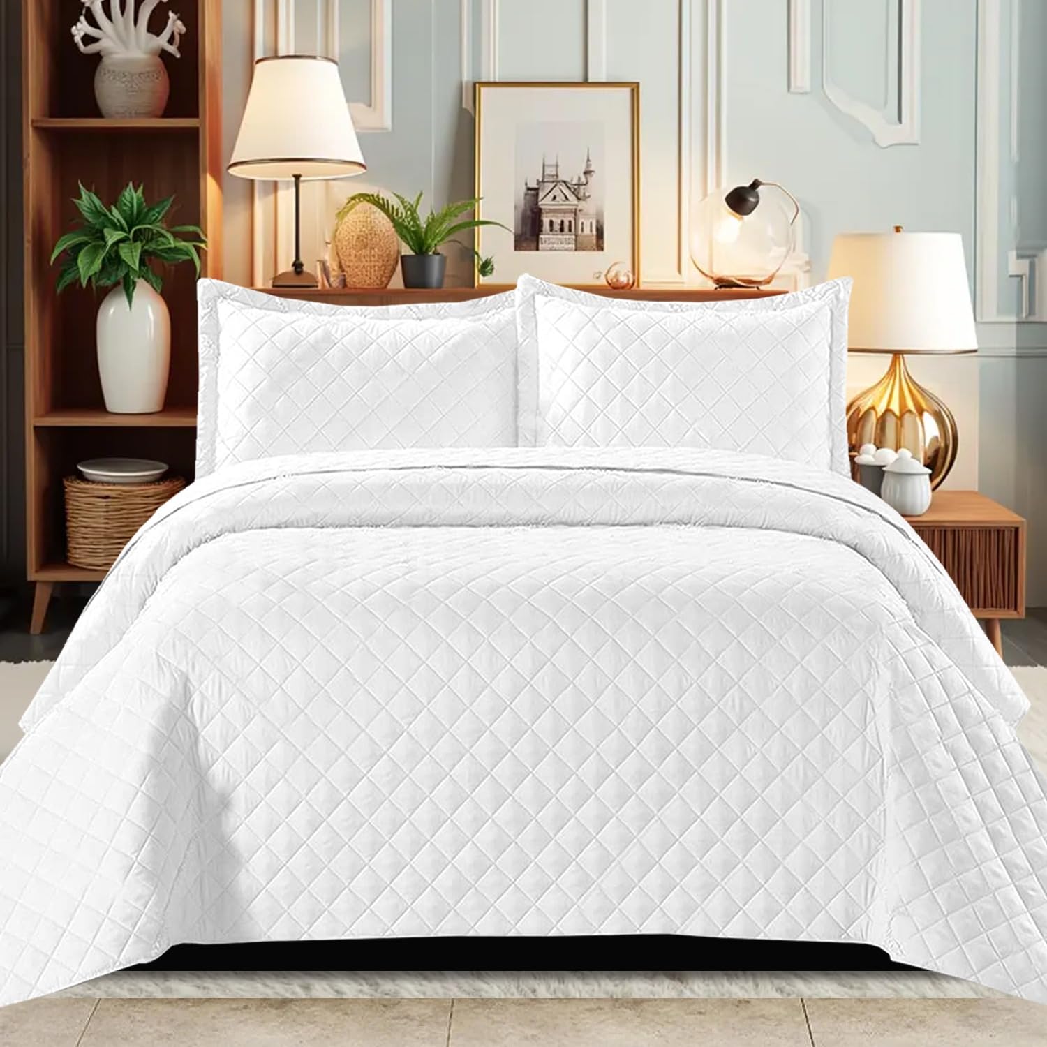 B&B Quilted Bedspread Bed Throws - Luxury Embossed Diamond Check Pattern Reversible Quilt Bedspreads Coverlets for Bedroom Decor with Matching Pillow Shamss (Super King, White)