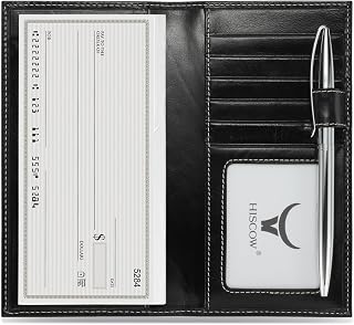 HISCOW Leather Checkbook Cover with Card Slots & Pen Holder, Antiqued Black