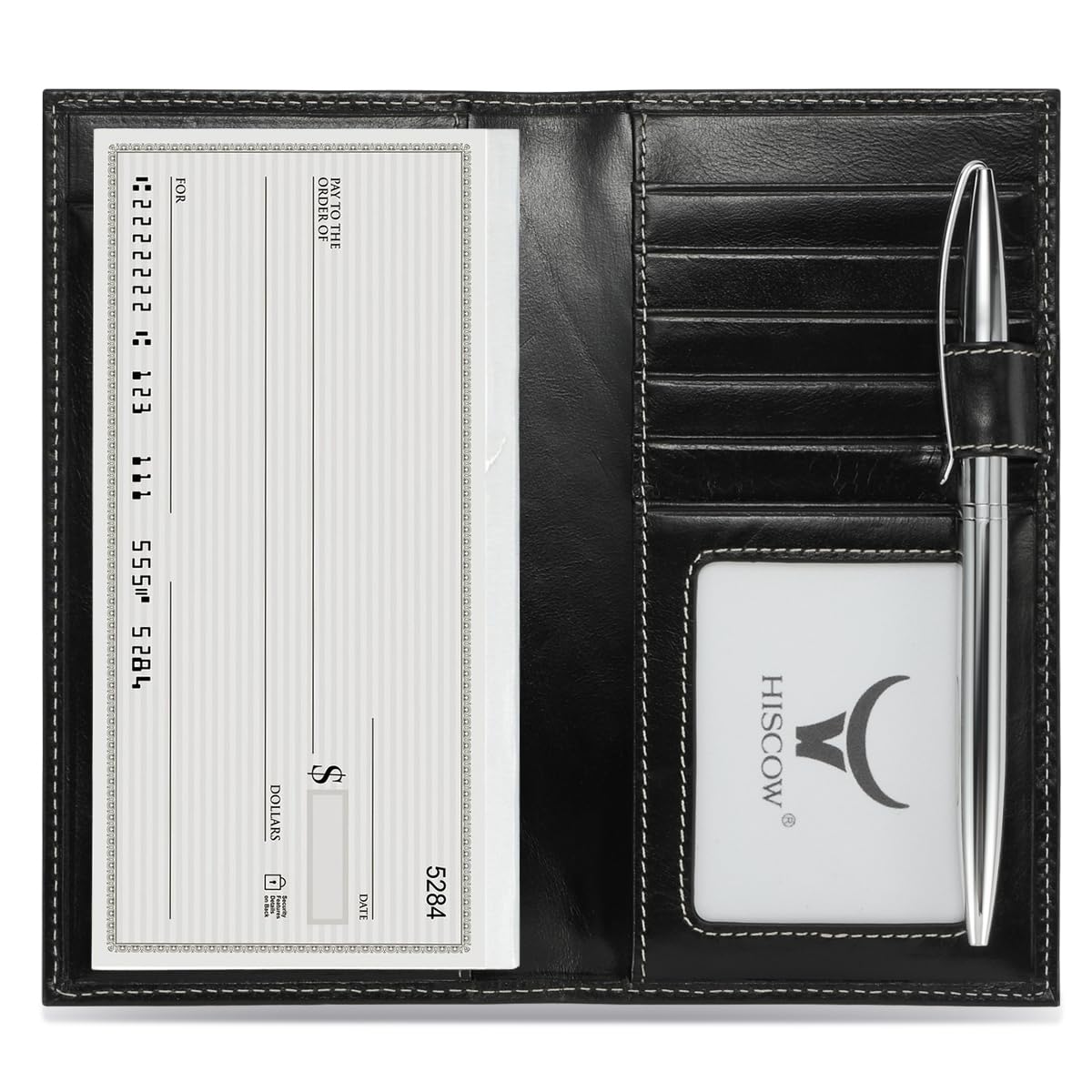 HISCOW Leather Checkbook Cover with Card Slots &amp; Pen Holder, Antiqued Black