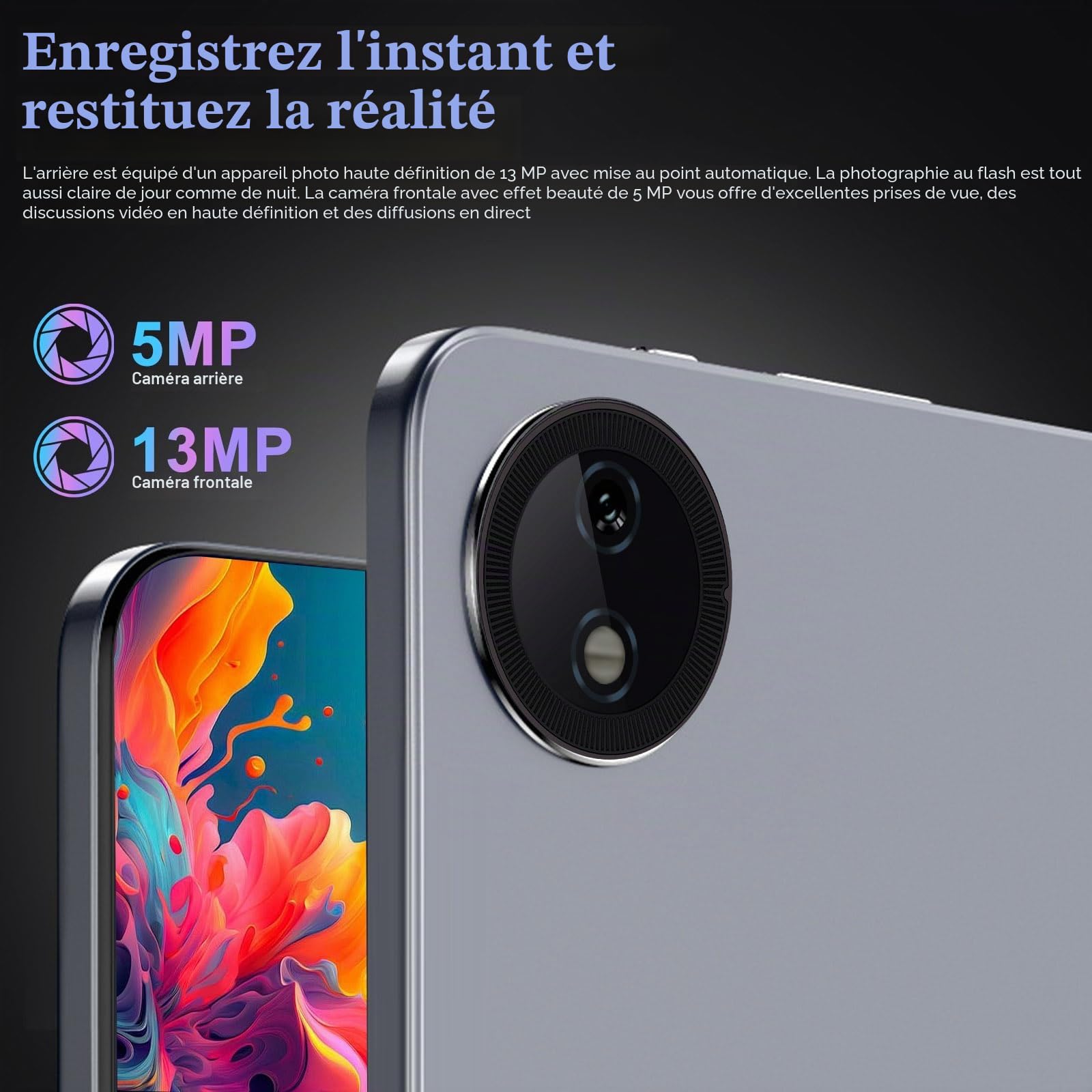 Crelander tablette Android de 8,7 pouces 16 (3+3+10) GB+128 GB Android avec écran HD IPS 1340x800, 5MP+13MP, batterie 5000mAh, Bluetooth/WiFi, petite tablette Android avec étui (version mise à jour)