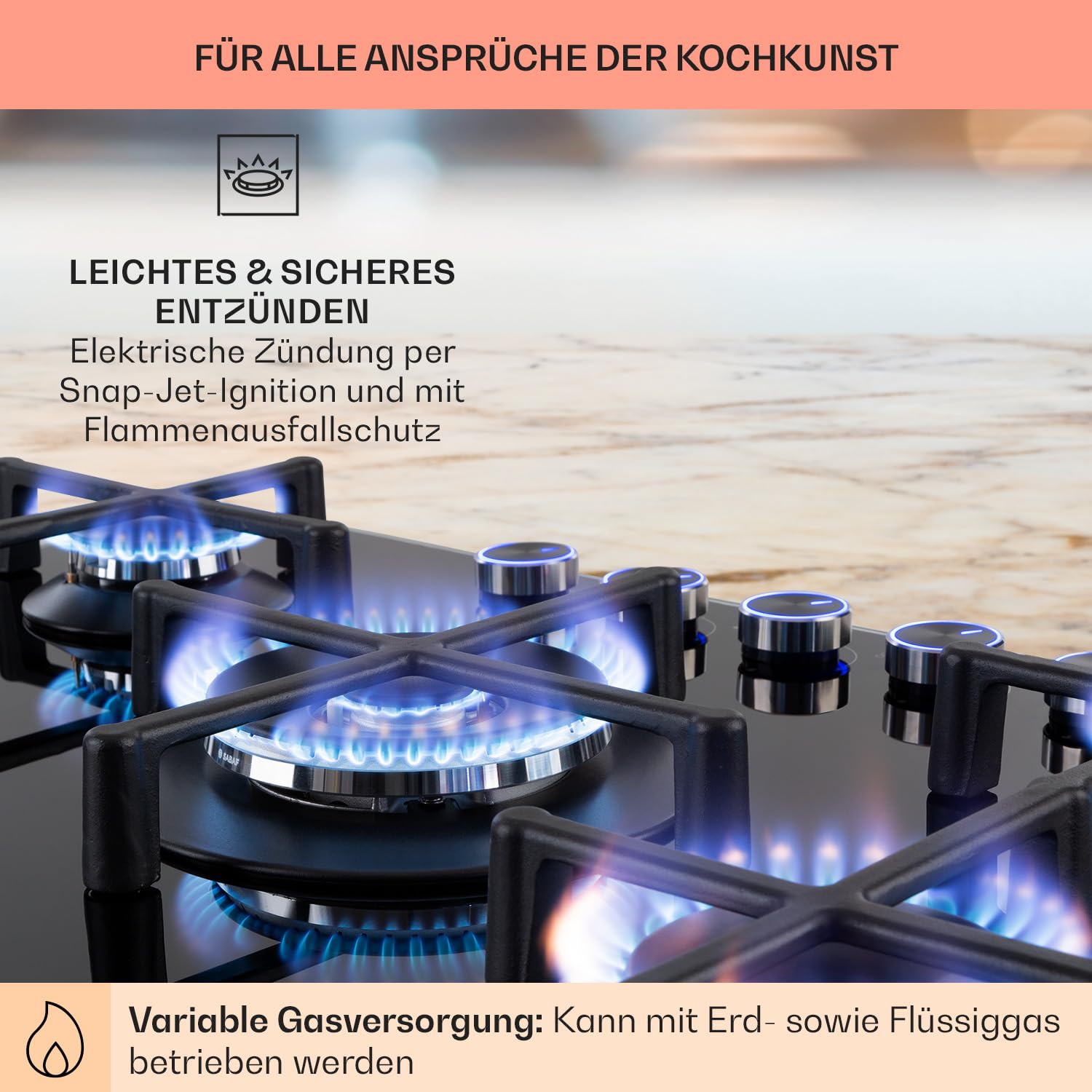 Klarstein Gaskocher 5-Flammig, 11,5kW Einbau-Gaskocher für Innenbereich, für Wohnmobil, 5-Flammiger Fünf Brenner Gasherde, Moderner Einbau Gasherd, Gas Herd