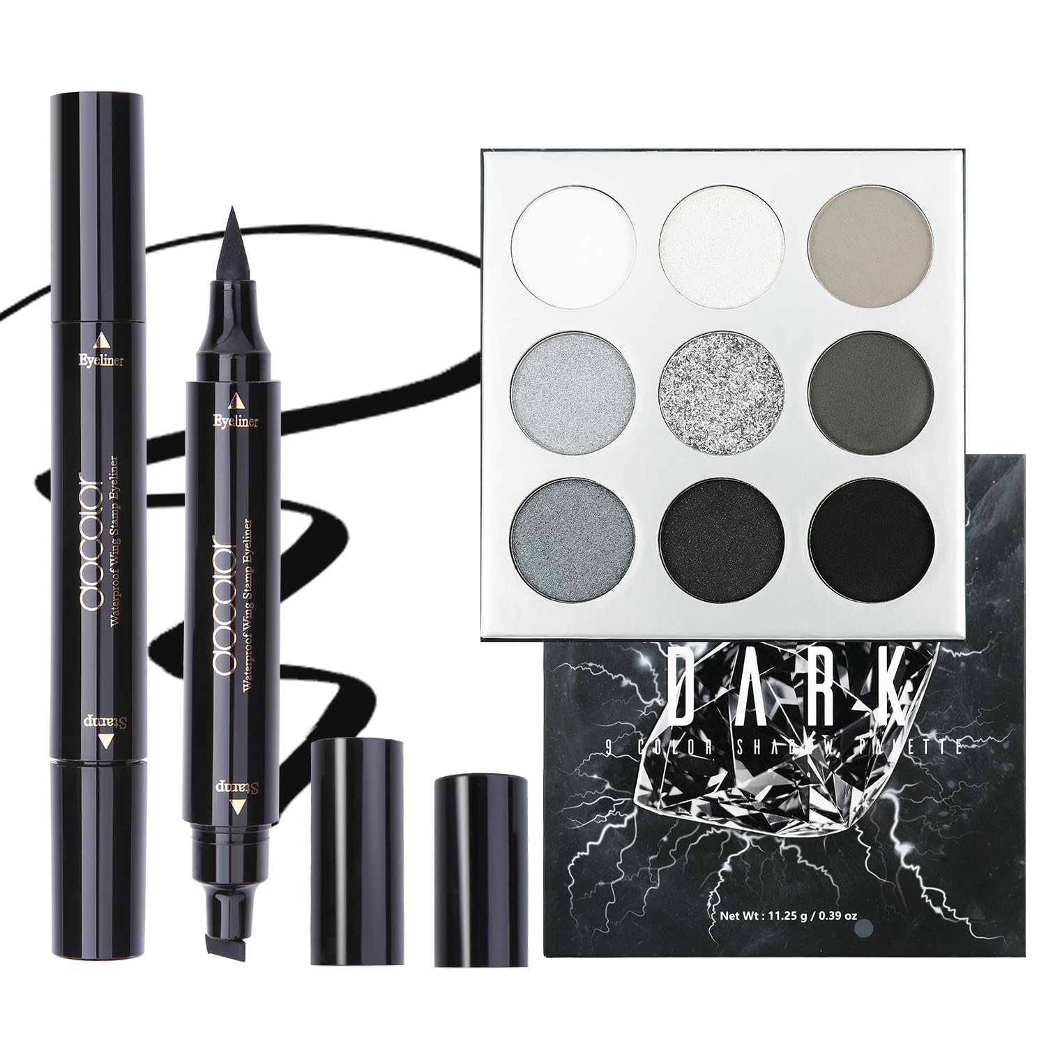 docolor Eyeshadow Palette 9 Colors Black Eyeshadow Gemstone Shadow Palette Highly Pigmented Eyeliner Stamp Double-sided Liquid Winged Eye Liner Pen Waterproof